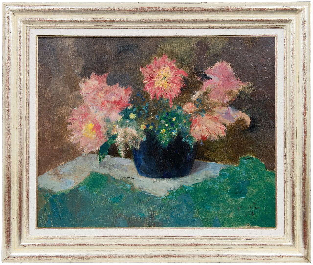 Jong G. de | Gerben 'Germ' de Jong, Dahlia's in blauwe vaas, olieverf op doek 65,7 x 81,2 cm, gesigneerd rechtsonder en gedateerd 1936