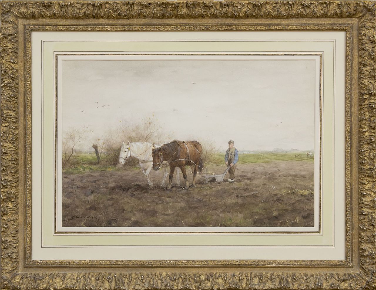Groenewegen A.J. | Adrianus Johannes Groenewegen | Aquarellen en tekeningen te koop aangeboden | Ploegende boer, aquarel op papier 35,2 x 52,4 cm, gesigneerd linksonder Groenewegen A.J. | Adrianus Johannes Groenewegen | Aquarellen en tekeningen te koop aangeboden | Ploegende boer, aquarel op papier 35,2 x 52,4 cm, gesigneerd linksonder