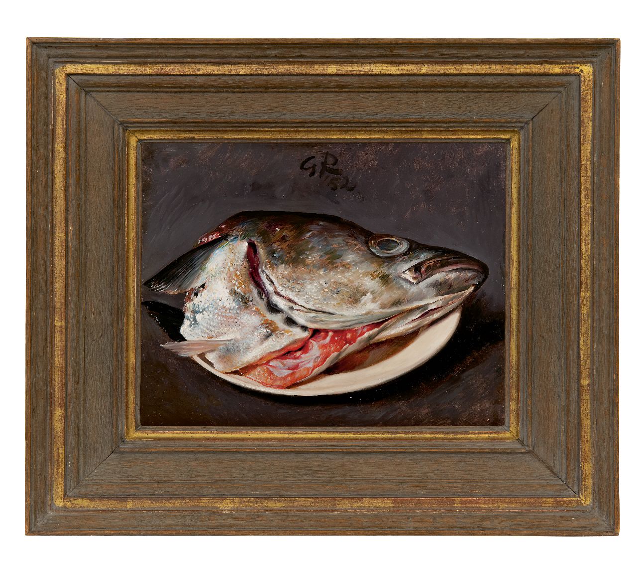 Röling G.V.A.  | Gerard Victor Alphons 'Gé' Röling | Schilderijen te koop aangeboden | Zalmkop op een bord, olieverf op board 25,1 x 30,3 cm, gesigneerd m.b. met initialen en verso voluit en gedateerd '52 en verso 1952