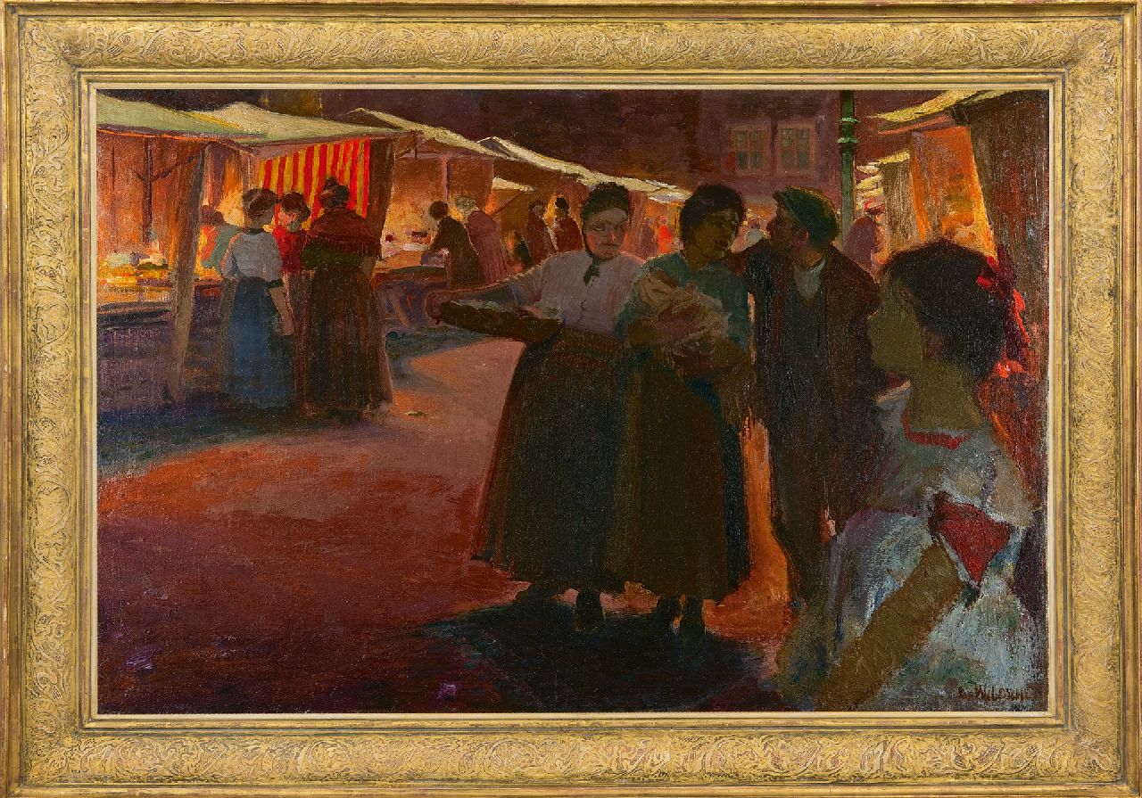 Wildschut G.P.W.  | 'George' Petrus Wilhelmus Wildschut | Schilderijen te koop aangeboden | Avondmarkt in de Joodse buurt, Amsterdam, olieverf op doek 66,1 x 100,1 cm, gesigneerd rechtsonder en zonder lijst