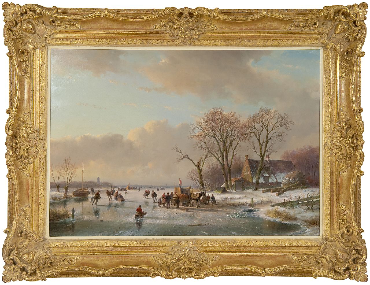 Schelfhout A.  | Andreas Schelfhout, Schaatsvertier op een bevroren rivier, olieverf op doek 65,3 x 93,1 cm, gesigneerd linksonder en te dateren ca. 1855
