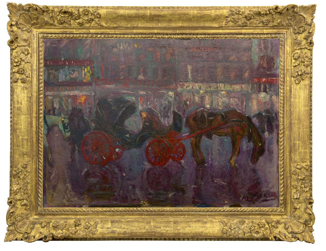 Niekerk M.J.  | 'Maurits' Joseph Niekerk | Schilderijen te koop aangeboden | Wachtende huurkoetsen bij avond, Brussel, olieverf op board 61,3 x 84,5 cm, gesigneerd rechtsonder en te dateren ca. 1903-1908