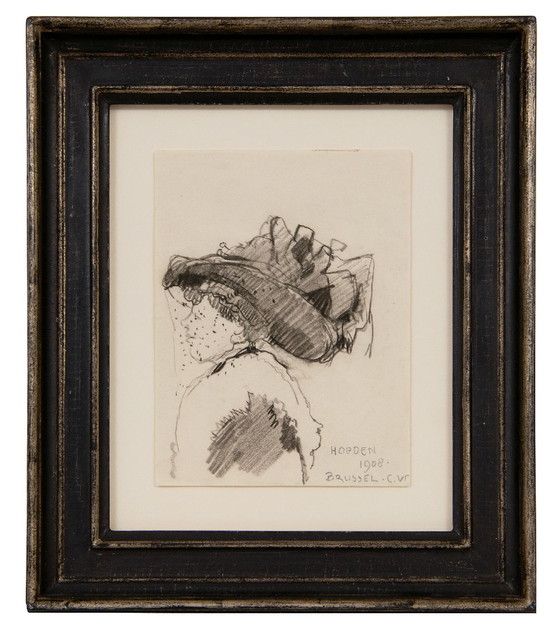 Vreedenburgh C.  | Cornelis Vreedenburgh | Aquarellen en tekeningen te koop aangeboden | De nieuwste hoedenmode in Brussel, 1908, zwart krijt op papier 13,2 x 10,2 cm, gesigneerd rechtsonder met initialen en gedateerd 1908