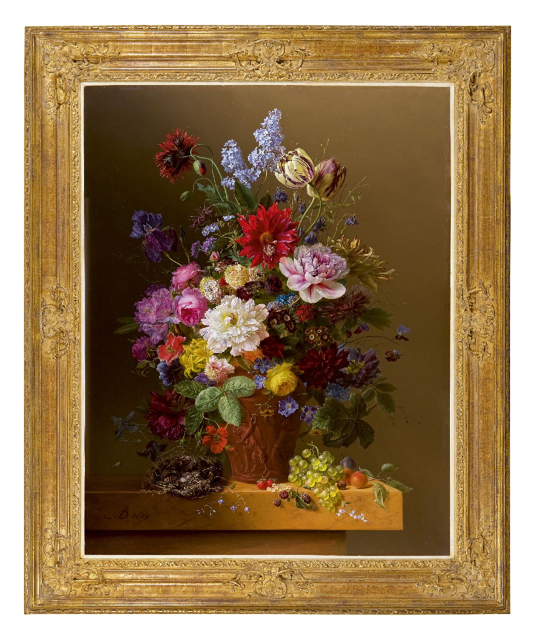 Bloemers A.  | Arnoldus Bloemers, Bloemen in een terracotta vaas op een marmeren blad, olieverf op paneel 104,2 x 81,4 cm, gesigneerd linksonder met monogram en gedateerd 1839