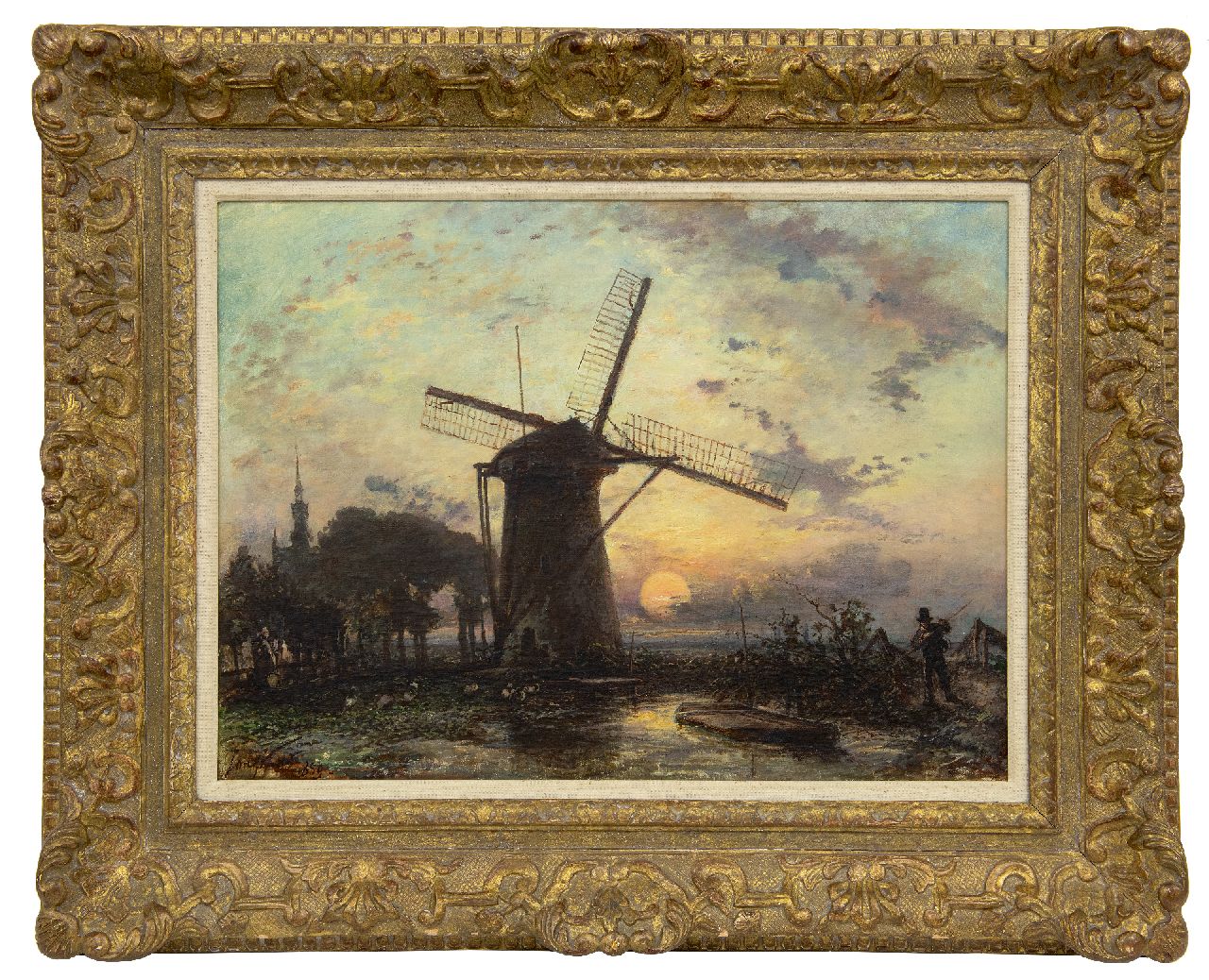 Jongkind J.B. | Johan Barthold Jongkind, Molen bij zonsondergang bij Overschie, olieverf op doek 42,3 x 56,2 cm, gesigneerd linksonder en gedateerd 1859 Jongkind J.B. | Johan Barthold Jongkind, Molen bij zonsondergang bij Overschie, olieverf op doek 42,3 x 56,2 cm, gesigneerd linksonder en gedateerd 1859