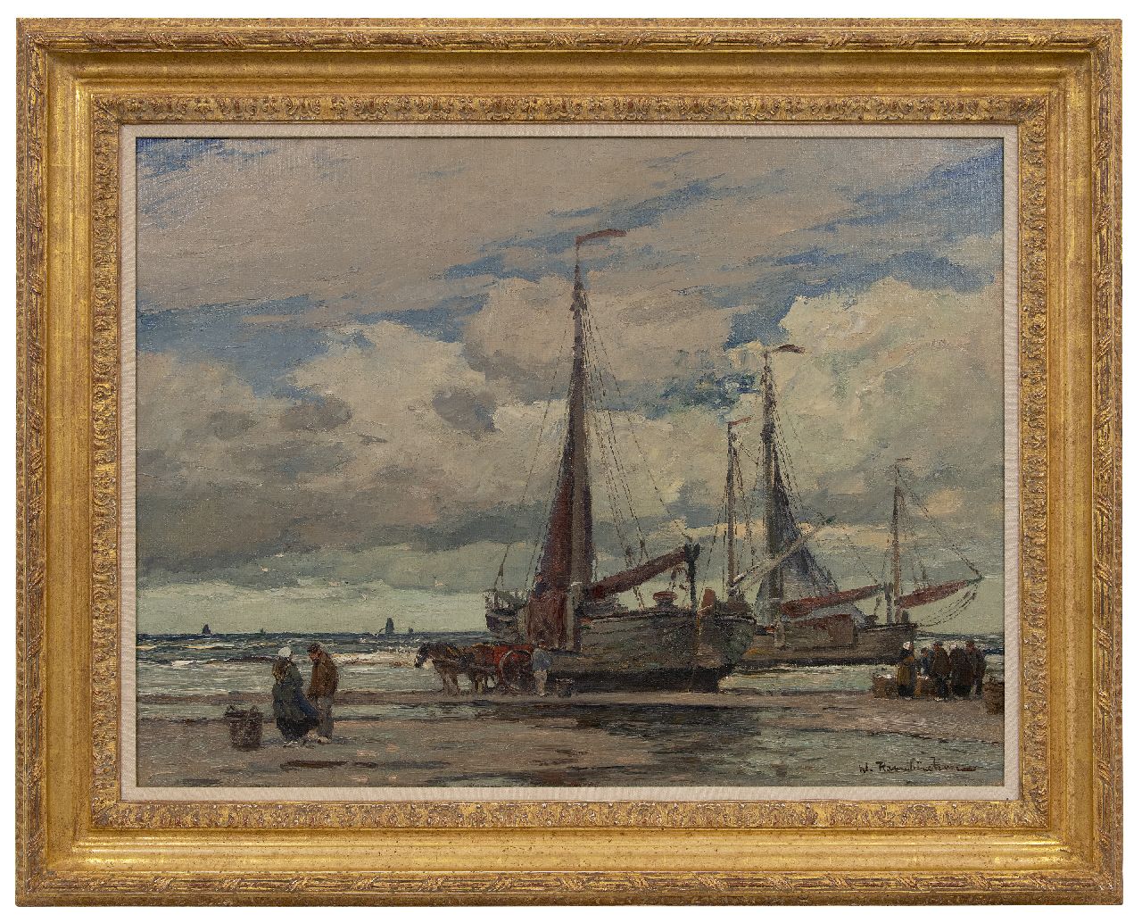 Hambüchen W. | Wilhelm Hambüchen, Het uitladen van de vangst, olieverf op doek 65,6 x 96,0 cm, gesigneerd rechtsonder Hambüchen W. | Wilhelm Hambüchen, Het uitladen van de vangst, olieverf op doek 65,6 x 96,0 cm, gesigneerd rechtsonder