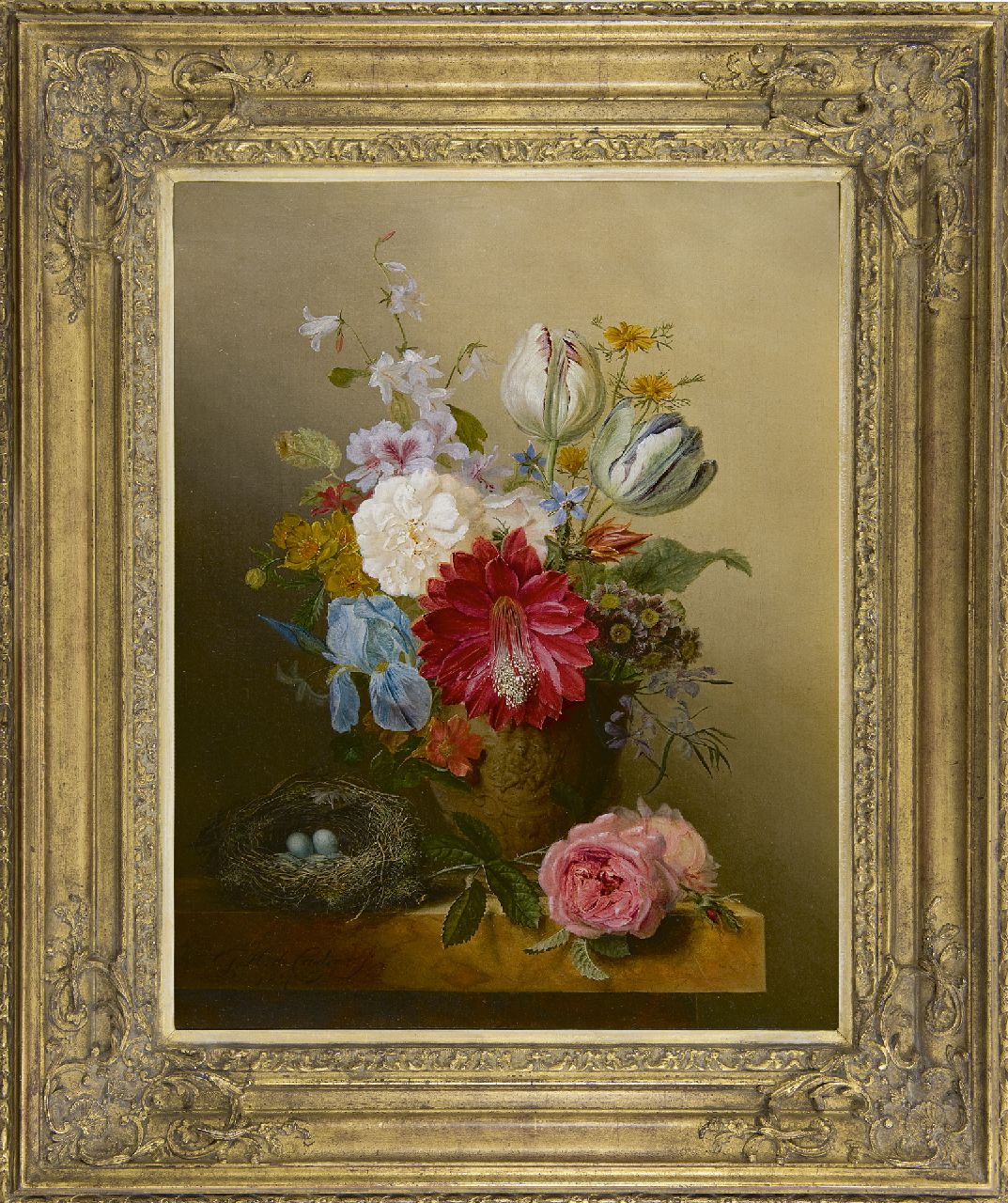 Henriques de Castro G.  | Gabriël Henriques de Castro | Schilderijen te koop aangeboden | Pronkboeket met vogelnestje, olieverf op doek 55,9 x 44,2 cm, gesigneerd linksonder en gedateerd 1837
