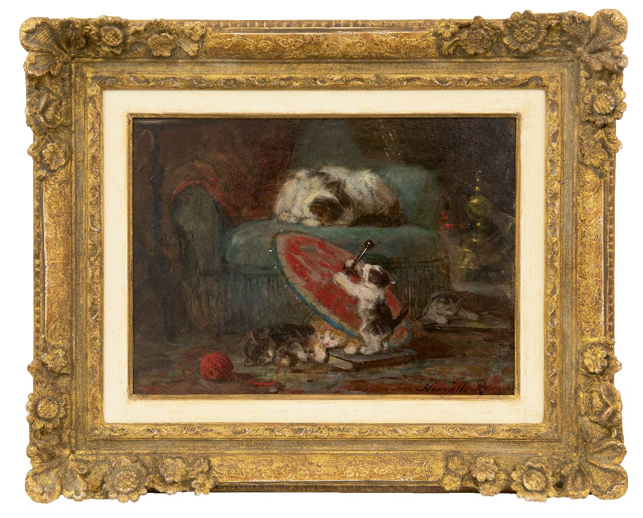 Ronner-Knip H. | Henriette Ronner-Knip, Spelende katjes met een Japanse parasol, olieverf op papier op paneel 27,3 x 36,8 cm, gesigneerd rechtsonder en linksonder en te dateren ca. 1890 Ronner-Knip H. | Henriette Ronner-Knip, Spelende katjes met een Japanse parasol, olieverf op papier op paneel 27,3 x 36,8 cm, gesigneerd rechtsonder en linksonder en te dateren ca. 1890