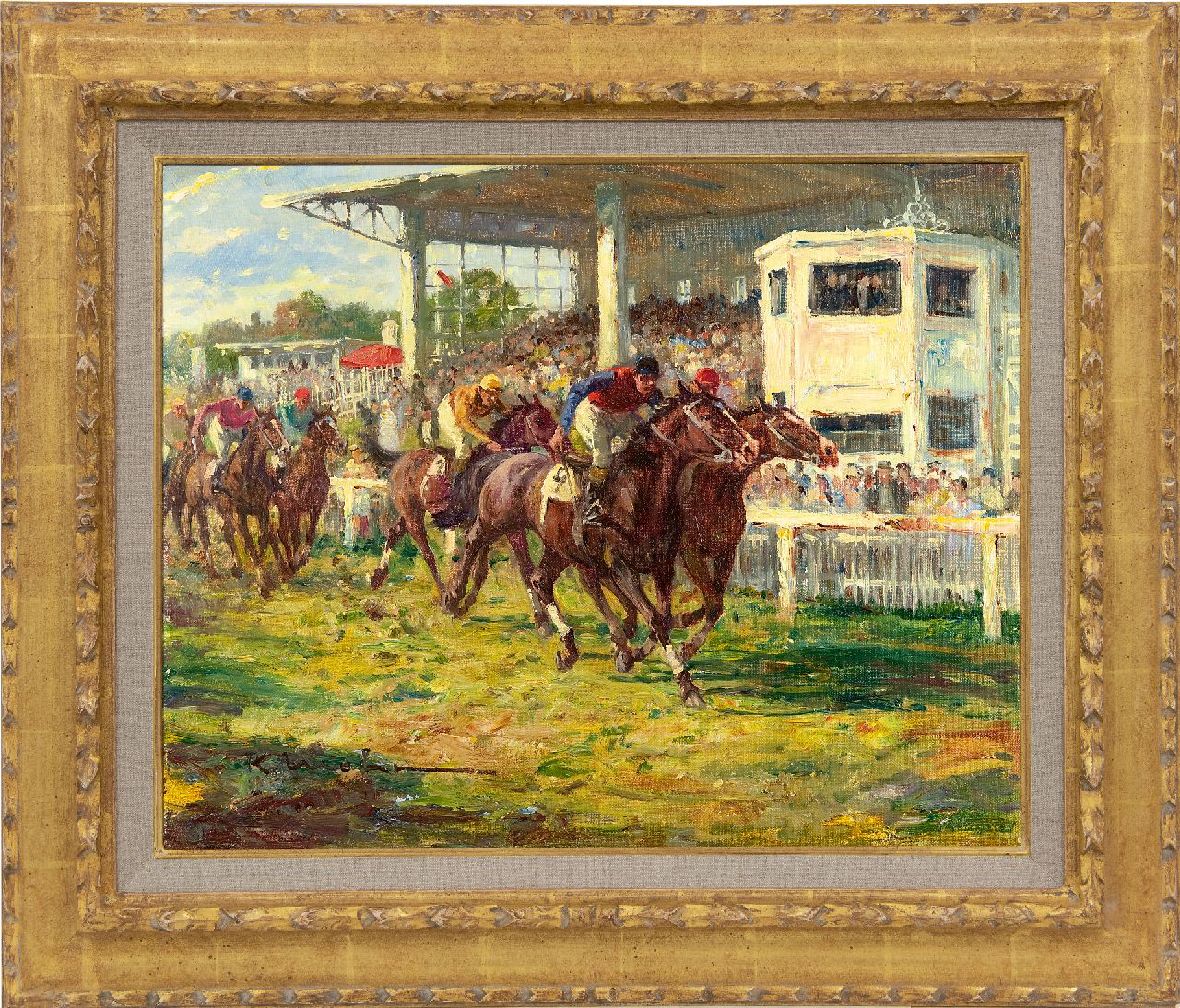 Mohr K. | Karl Mohr | Schilderijen te koop aangeboden | De paardenrennen in Köln-Weidenpesch, olieverf op doek 40,3 x 50,3 cm, gesigneerd linksonder Mohr K. | Karl Mohr | Schilderijen te koop aangeboden | De paardenrennen in Köln-Weidenpesch, olieverf op doek 40,3 x 50,3 cm, gesigneerd linksonder
