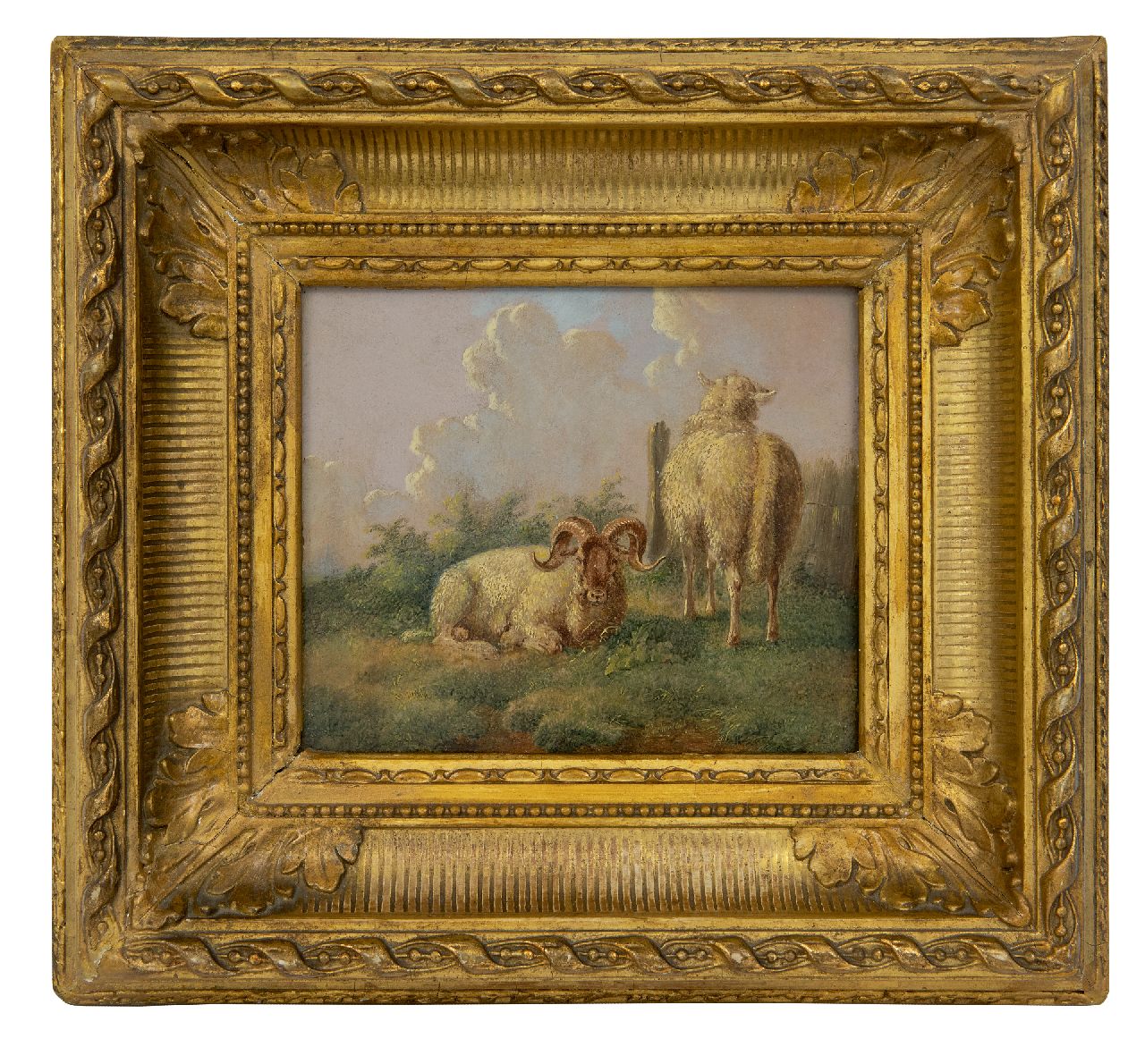 Verhoesen A.  | Albertus Verhoesen | Schilderijen te koop aangeboden | Ram en ooi in zomerse weide, olieverf op paneel 14,5 x 16,5 cm, gesigneerd rechts van het midden. en gedateerd 1845