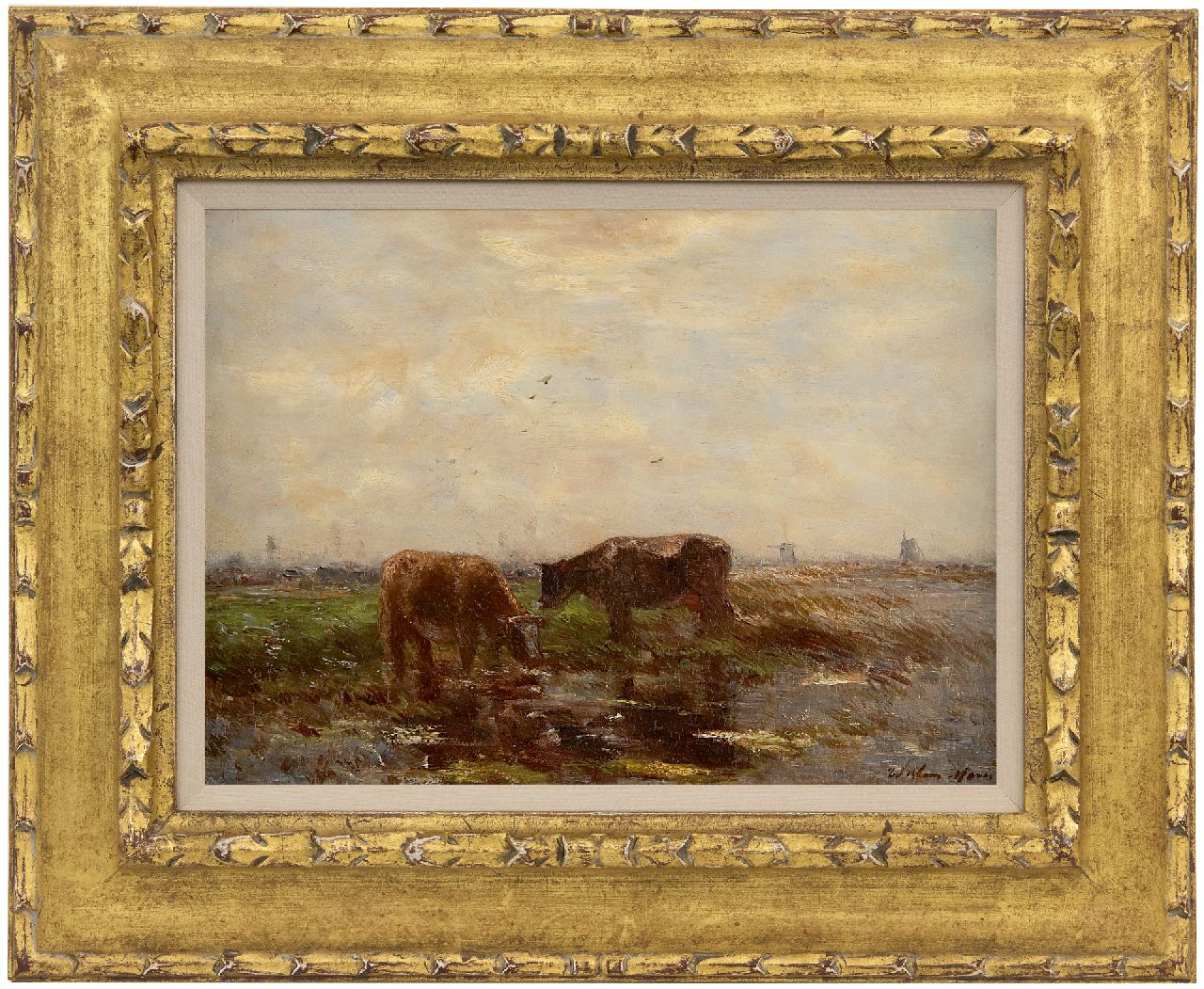 Maris W. | Willem Maris, Grazende koeien in polderlandschap, olieverf op paneel 24,1 x 32,6 cm, gesigneerd rechtsonder Maris W. | Willem Maris, Grazende koeien in polderlandschap, olieverf op paneel 24,1 x 32,6 cm, gesigneerd rechtsonder