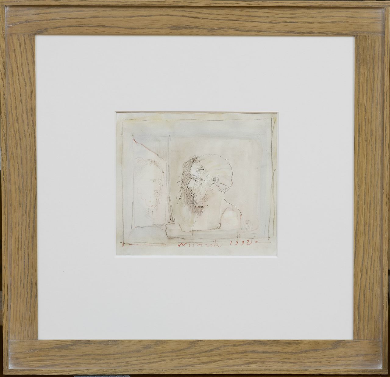Westerik J. | Jacobus 'Co' Westerik | Aquarellen en tekeningen te koop aangeboden | Man met mes en spiegelbeeld, aquarel, krijt en inkt op Japans papier 19,0 x 21,0 cm, gesigneerd middenonder en gedateerd 1992 Westerik J. | Jacobus 'Co' Westerik | Aquarellen en tekeningen te koop aangeboden | Man met mes en spiegelbeeld, aquarel, krijt en inkt op Japans papier 19,0 x 21,0 cm, gesigneerd middenonder en gedateerd 1992