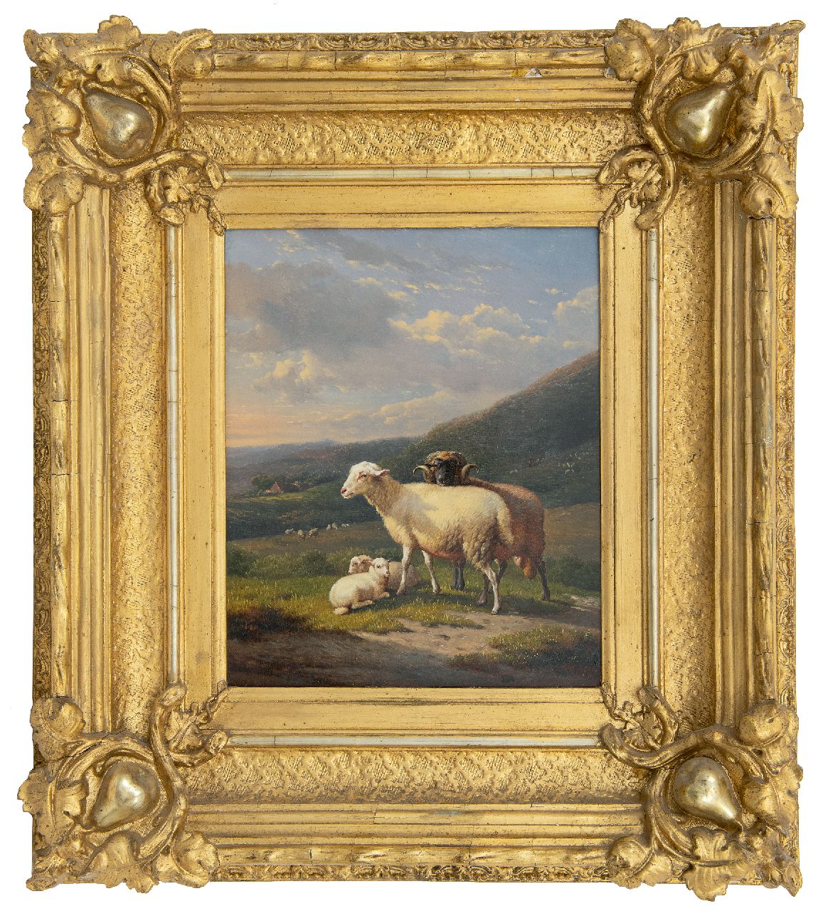 Verboeckhoven E.J. | Eugène Joseph Verboeckhoven | Schilderijen te koop aangeboden | Ram met schaap en lammeren in heuvellandschap, olieverf op paneel 30,8 x 25,8 cm Verboeckhoven E.J. | Eugène Joseph Verboeckhoven | Schilderijen te koop aangeboden | Ram met schaap en lammeren in heuvellandschap, olieverf op paneel 30,8 x 25,8 cm