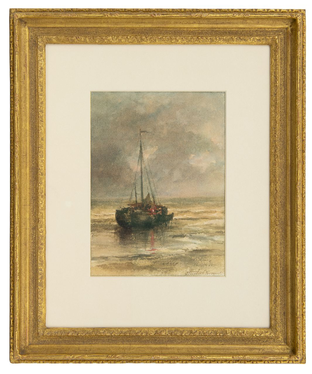 Verwoert M.E. | Maria 'Elisabeth' Verwoert | Aquarellen en tekeningen te koop aangeboden | Bomschuit voor anker voor het strand, aquarel op papier 29,8 x 22,2 cm, gesigneerd rechtsonder Verwoert M.E. | Maria 'Elisabeth' Verwoert | Aquarellen en tekeningen te koop aangeboden | Bomschuit voor anker voor het strand, aquarel op papier 29,8 x 22,2 cm, gesigneerd rechtsonder