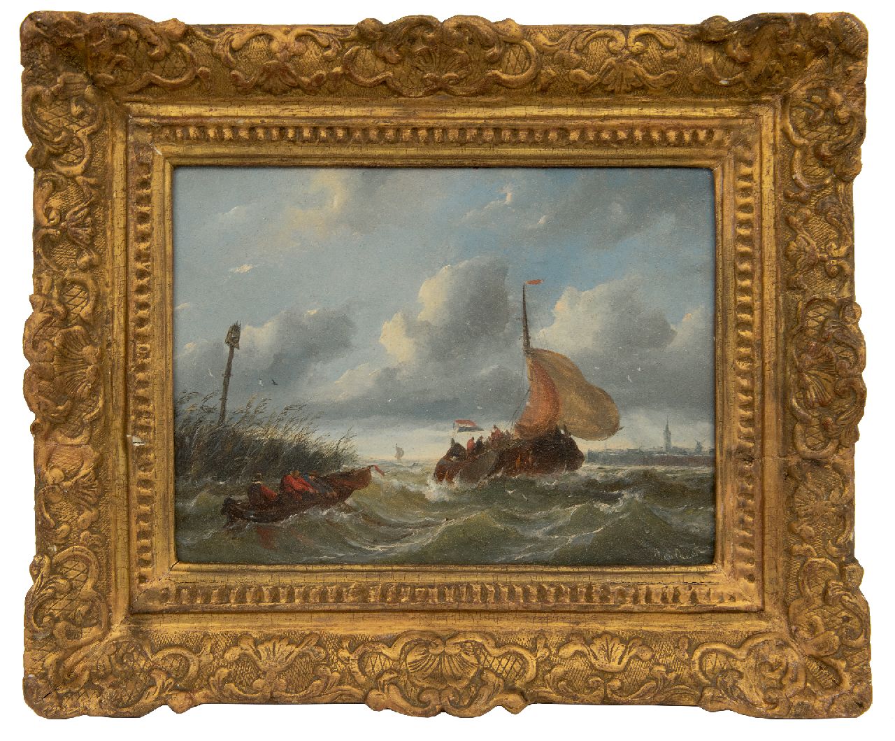 Beest A. van | Albertus van Beest, Boeier in woelige haveningang, olieverf op paneel 23,5 x 33,6 cm, gesigneerd rechtsonder