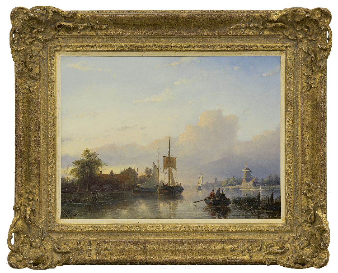 Spohler J.J. | Jan Jacob Spohler, Zomers riviergezicht met schepen en roeiboot - pendant van 14101, olieverf op paneel 32,5 x 43,7 cm, gesigneerd linksonder Spohler J.J. | Jan Jacob Spohler, Zomers riviergezicht met schepen en roeiboot - pendant van 14101, olieverf op paneel 32,5 x 43,7 cm, gesigneerd linksonder