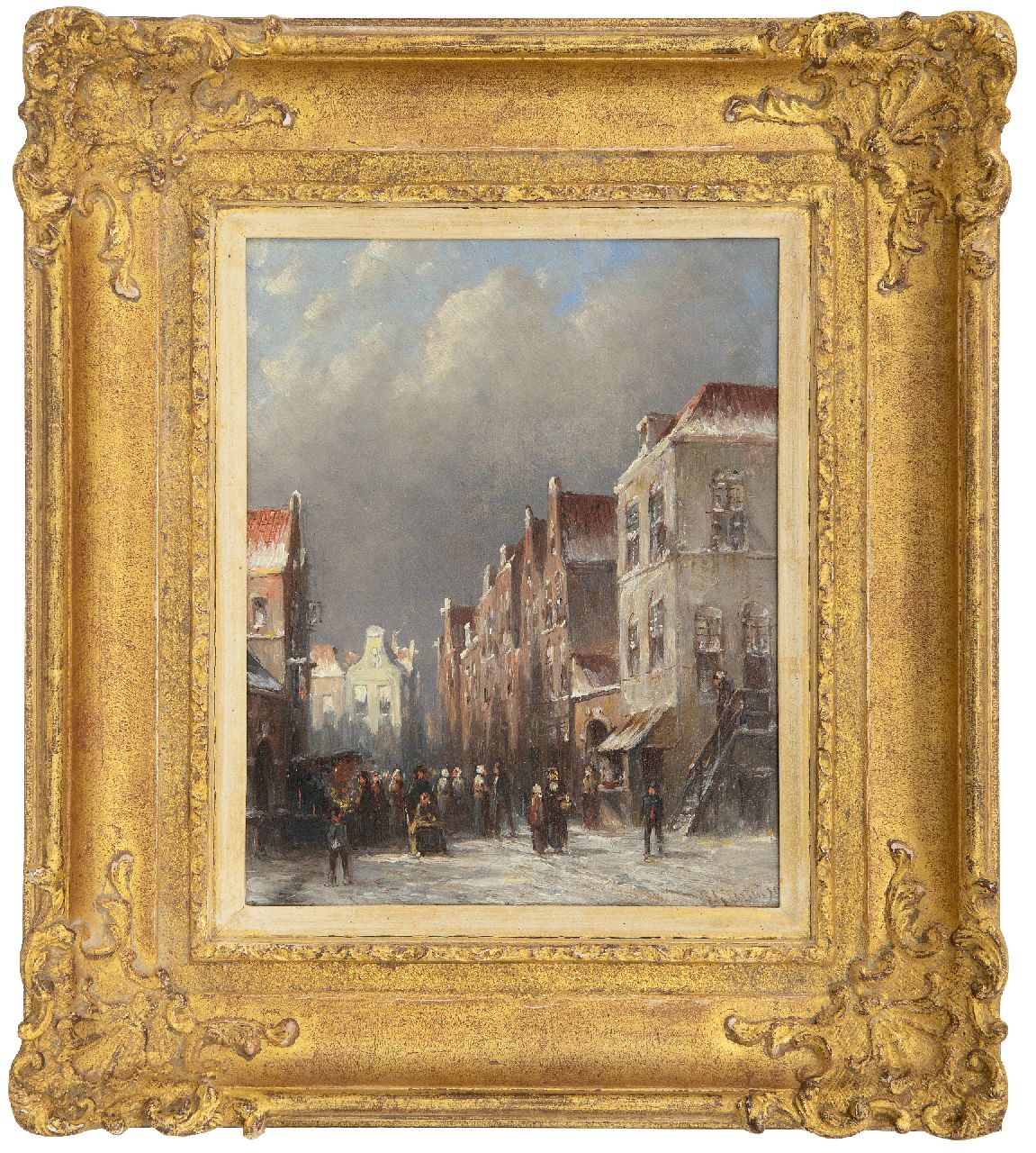 Vertin P.G.  | Petrus Gerardus Vertin | Schilderijen te koop aangeboden | Drukbevolkt winters straatje met figuren bij een kraam, olieverf op paneel 22,1 x 17,7 cm, gesigneerd rechtsonder en gedateerd '92