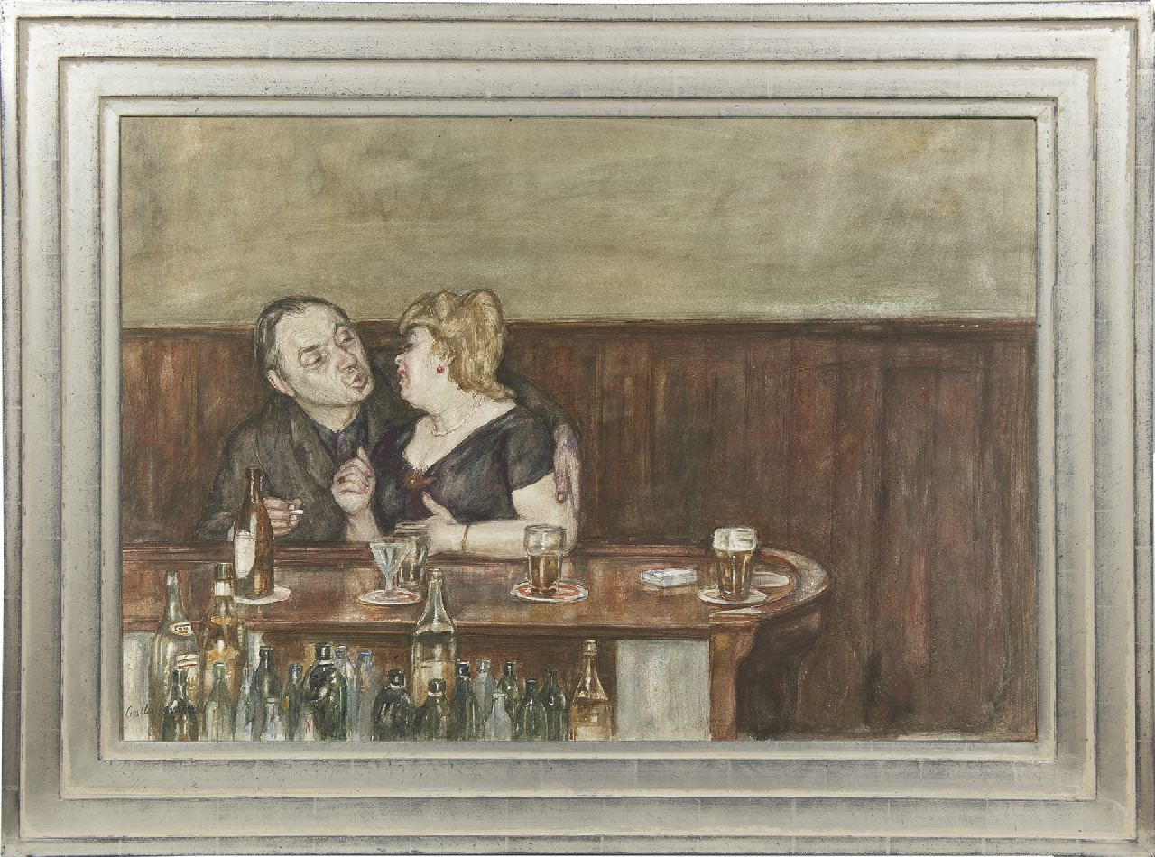 Kemper C.J. | Charles Jean Kemper | Aquarellen en tekeningen te koop aangeboden | De schilder Jan Burgerhout met geliefde in een café, aquarel op papier 49,6 x 74,2 cm, gesigneerd linksonder en gedateerd '68 Kemper C.J. | Charles Jean Kemper | Aquarellen en tekeningen te koop aangeboden | De schilder Jan Burgerhout met geliefde in een café, aquarel op papier 49,6 x 74,2 cm, gesigneerd linksonder en gedateerd '68