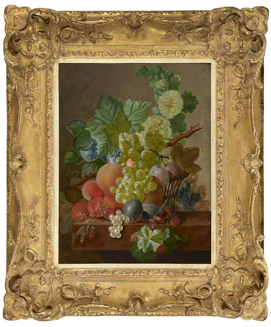 Bruyn J.C. de | Johannes Cornelis de Bruyn | Schilderijen te koop aangeboden | Druiven, perziken en ander fruit op een stenen plint, olieverf op paneel 42,6 x 32,6 cm Bruyn J.C. de | Johannes Cornelis de Bruyn | Schilderijen te koop aangeboden | Druiven, perziken en ander fruit op een stenen plint, olieverf op paneel 42,6 x 32,6 cm