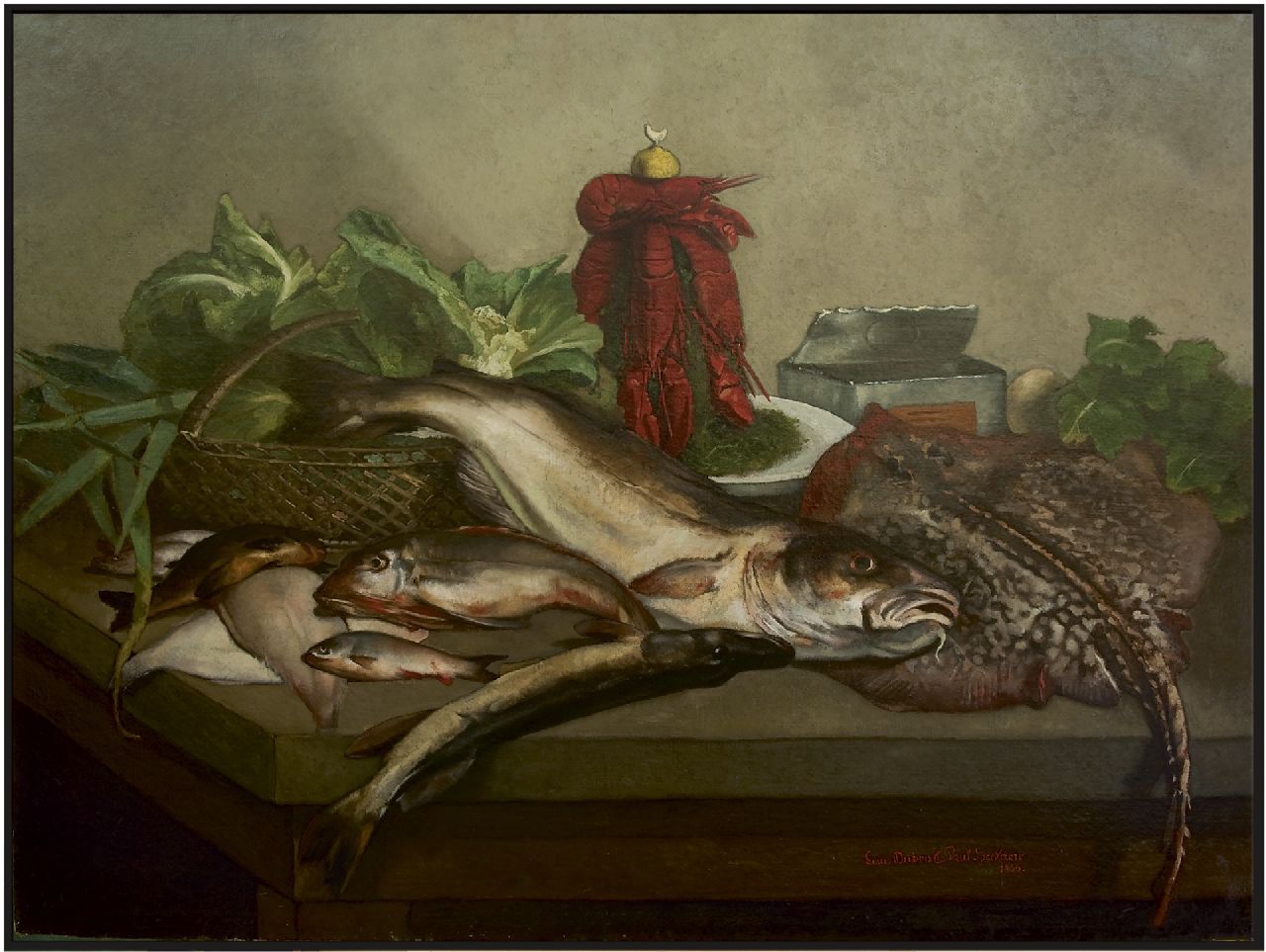 Dubois/Speekaert L./L. | Louis/Léopold Dubois/Speekaert | Schilderijen te koop aangeboden | Stilleven met vis en kreeft, olieverf op doek 105,9 x 142,2 cm, gesigneerd rechtsonder door beide kunstenaars en gedateerd 1866 Dubois/Speekaert L./L. | Louis/Léopold Dubois/Speekaert | Schilderijen te koop aangeboden | Stilleven met vis en kreeft, olieverf op doek 105,9 x 142,2 cm, gesigneerd rechtsonder door beide kunstenaars en gedateerd 1866