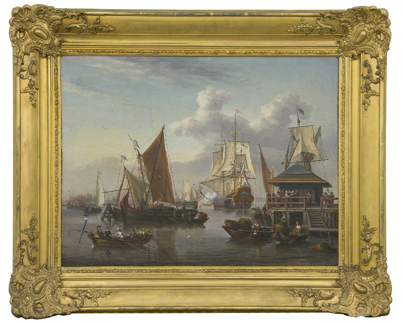 Blaauw J. de | Johannis de Blaauw, Gezicht op het IJ bij Amsterdam met een van de bothuisjes, olieverf op doek 48,3 x 64,5 cm