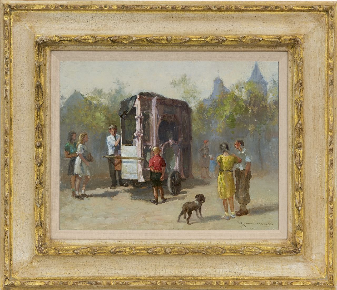 Kaemmerer J.H. | Johan Hendrik Kaemmerer | Schilderijen te koop aangeboden | Het draaiorgel, olieverf op paneel 21,6 x 27,8 cm, gesigneerd rechtsonder Kaemmerer J.H. | Johan Hendrik Kaemmerer | Schilderijen te koop aangeboden | Het draaiorgel, olieverf op paneel 21,6 x 27,8 cm, gesigneerd rechtsonder