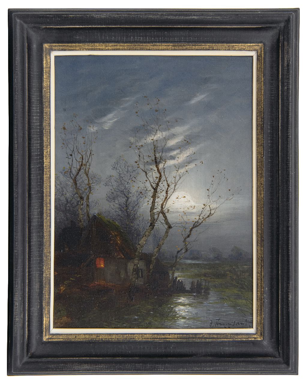 Jungblut J.  | Johann Jungblut, Polderboerderij bij maanlicht, olieverf op paneel 24,0 x 17,7 cm, gesigneerd rechtsonder