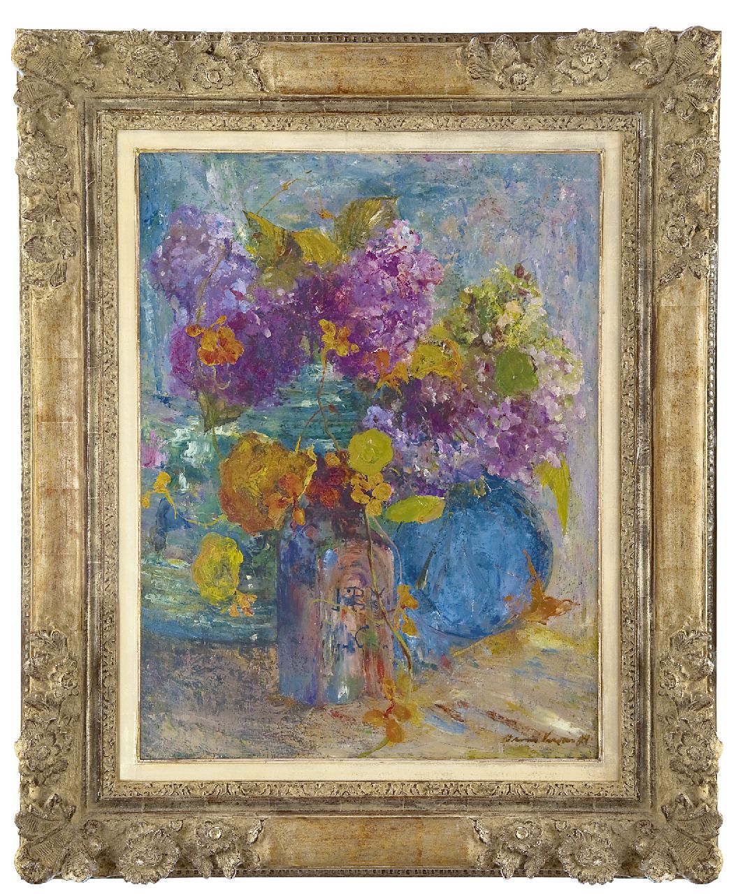 Verster van Wulverhorst (Floris Verster) F.H. | Floris Hendrik Verster van Wulverhorst (Floris Verster), Flessen met Oost-Indische kers en hortensia's, olieverf op doek 73,7 x 56,5 cm, gesigneerd rechtsonder en gedateerd '94 Verster van Wulverhorst (Floris Verster) F.H. | Floris Hendrik Verster van Wulverhorst (Floris Verster), Flessen met Oost-Indische kers en hortensia's, olieverf op doek 73,7 x 56,5 cm, gesigneerd rechtsonder en gedateerd '94