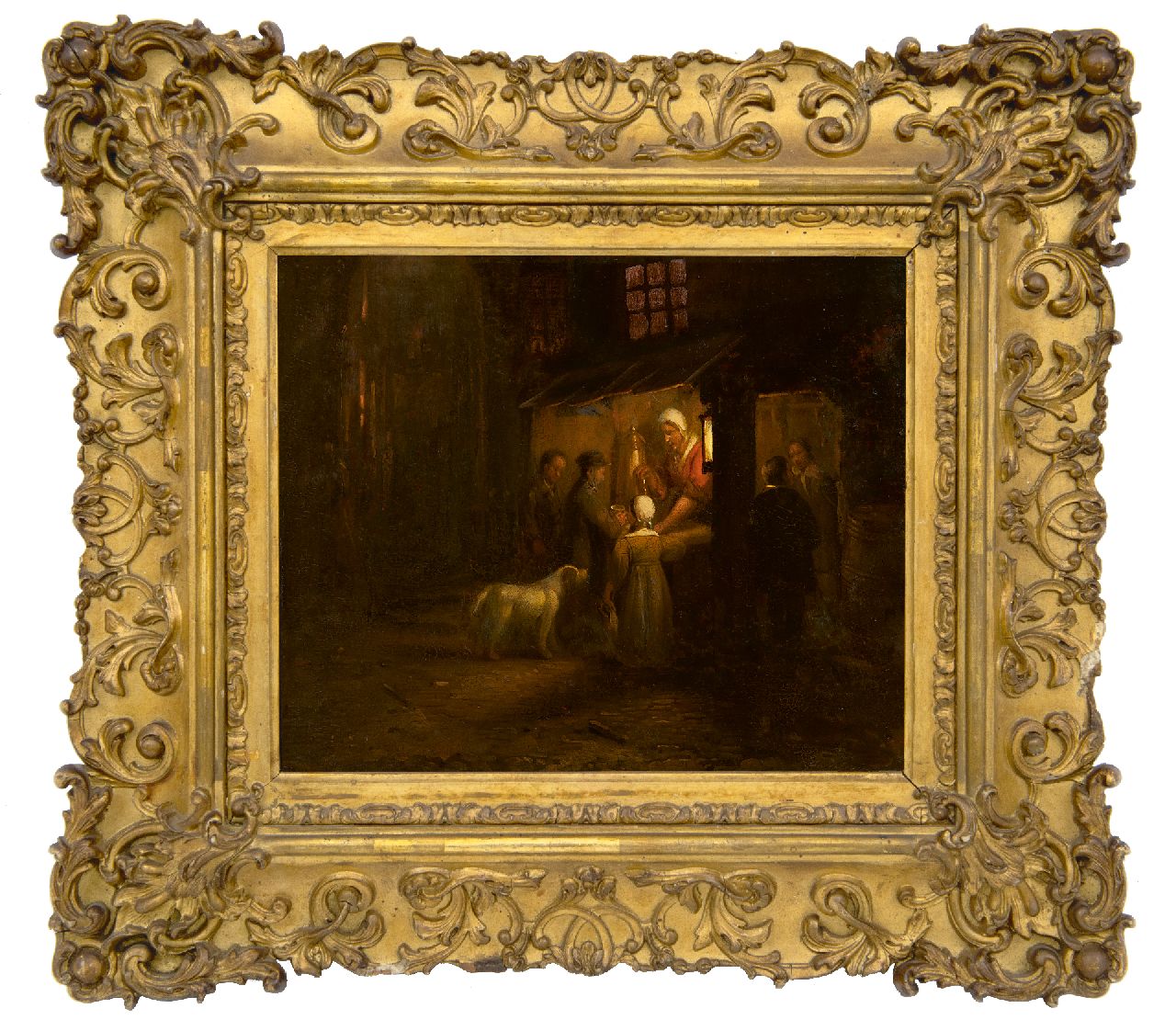 Haanen G.G. | George Gillis Haanen | Schilderijen te koop aangeboden | Marktkraam met figuren bij kaarslicht, olieverf op paneel 19,7 x 22,4 cm Haanen G.G. | George Gillis Haanen | Schilderijen te koop aangeboden | Marktkraam met figuren bij kaarslicht, olieverf op paneel 19,7 x 22,4 cm