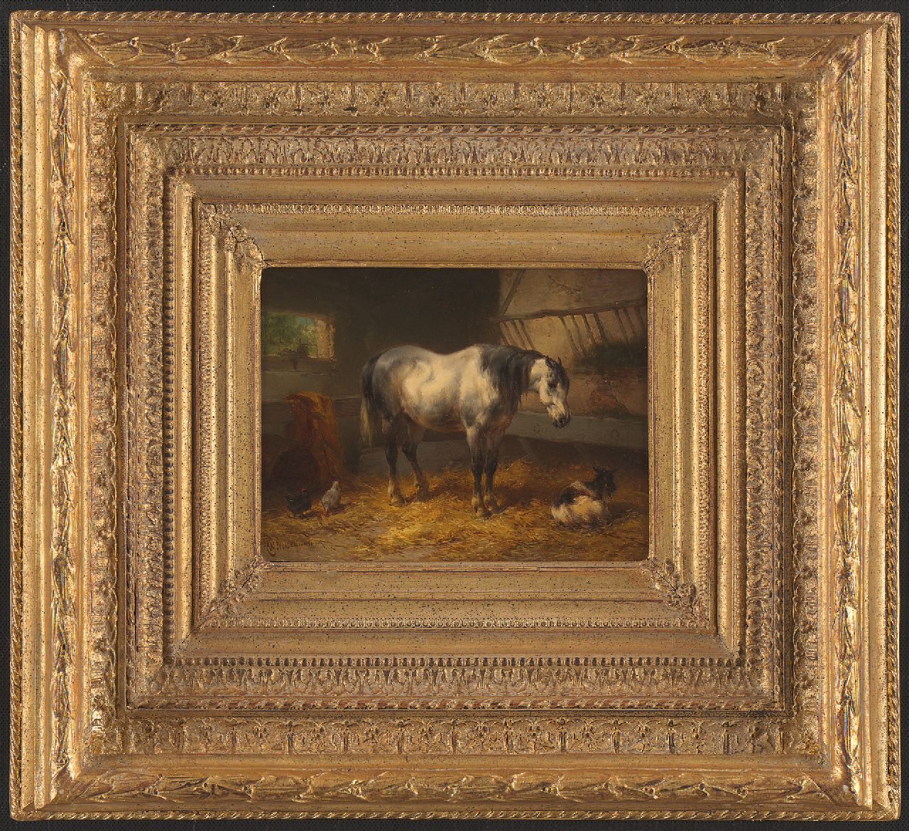 Verschuur W. | Wouterus Verschuur, Rustend paard in een stal, olieverf op paneel 15,1 x 20,5 cm, gesigneerd linksonder Verschuur W. | Wouterus Verschuur, Rustend paard in een stal, olieverf op paneel 15,1 x 20,5 cm, gesigneerd linksonder