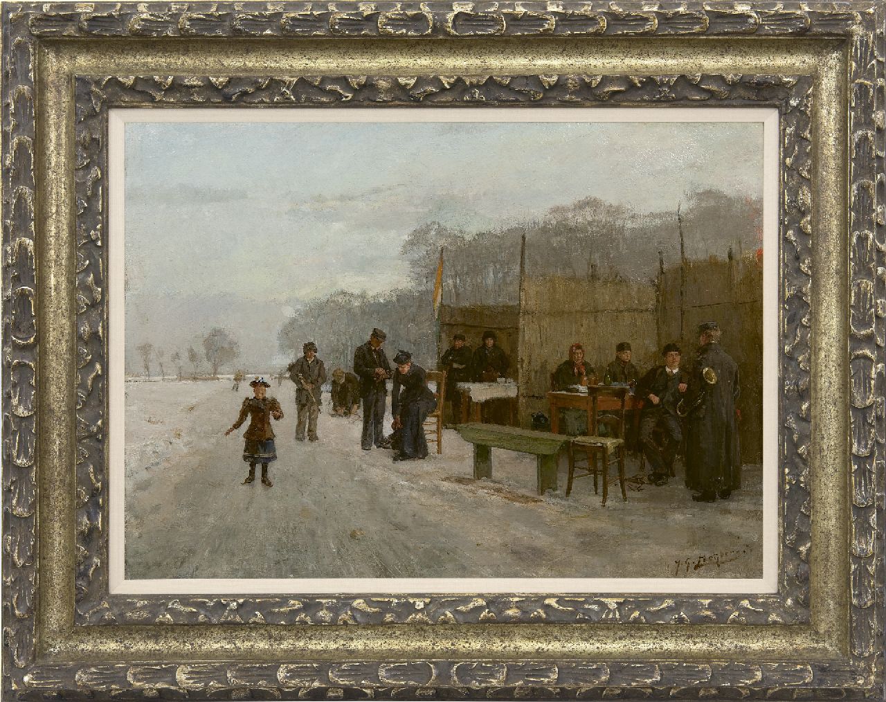 Heijberg J.G.  | Johannes Gerardus Heijberg | Schilderijen te koop aangeboden | Bij de koek-en-zopietent op het ijs, olieverf op doek 35,0 x 48,4 cm, gesigneerd rechtsonder