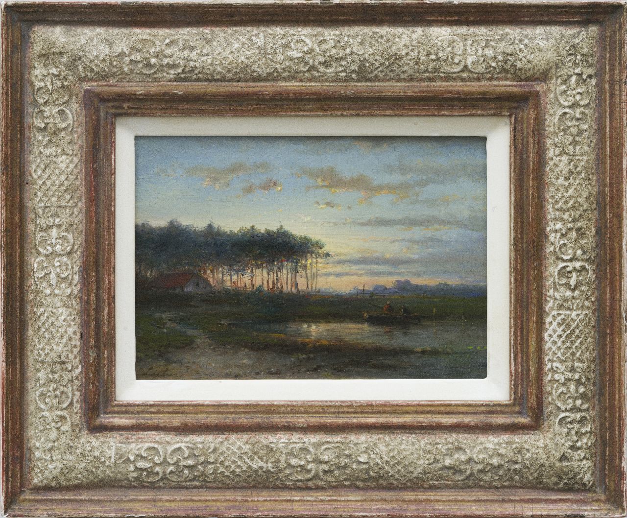 Lieste C. | Cornelis Lieste, Avondlandschap met vissers in een bootje, olieverf op paneel 13,1 x 18,7 cm, gesigneerd linksonder Lieste C. | Cornelis Lieste, Avondlandschap met vissers in een bootje, olieverf op paneel 13,1 x 18,7 cm, gesigneerd linksonder