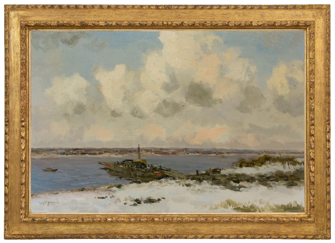 Jansen W.G.F. | 'Willem' George Frederik Jansen | Schilderijen te koop aangeboden | Overzetveer in de winter, olieverf op doek 60,5 x 90,5 cm, gesigneerd linksonder Jansen W.G.F. | 'Willem' George Frederik Jansen | Schilderijen te koop aangeboden | Overzetveer in de winter, olieverf op doek 60,5 x 90,5 cm, gesigneerd linksonder