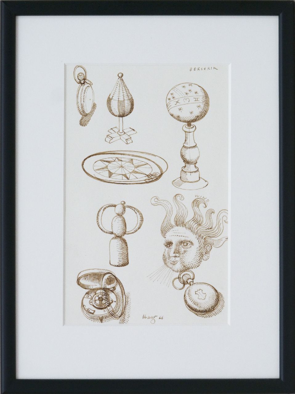 Berserik H.  | Hermanus 'Herman' Berserik | Aquarellen en tekeningen te koop aangeboden | Zonnewijzers en horloges, pen en sepia op papier 23,7 x 15,8 cm, gesigneerd rechtsboven en gedateerd 16 aug '66