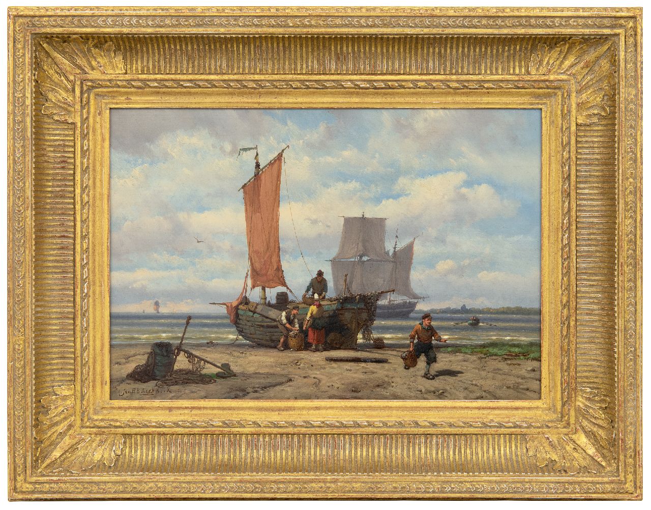 Koekkoek J.H.B. | Johannes Hermanus Barend 'Jan H.B.' Koekkoek | Schilderijen te koop aangeboden | Het uitladen van de vangst, olieverf op paneel 23,5 x 34,3 cm, gesigneerd linksonder Koekkoek J.H.B. | Johannes Hermanus Barend 'Jan H.B.' Koekkoek | Schilderijen te koop aangeboden | Het uitladen van de vangst, olieverf op paneel 23,5 x 34,3 cm, gesigneerd linksonder