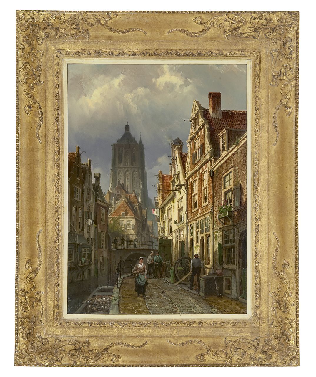 Koekkoek W. | Willem Koekkoek, Hollands stadsgezicht met de toren van de Brielse St. Catharinakerk, olieverf op doek 60,0 x 43,8 cm, gesigneerd rechtsonder Koekkoek W. | Willem Koekkoek, Hollands stadsgezicht met de toren van de Brielse St. Catharinakerk, olieverf op doek 60,0 x 43,8 cm, gesigneerd rechtsonder