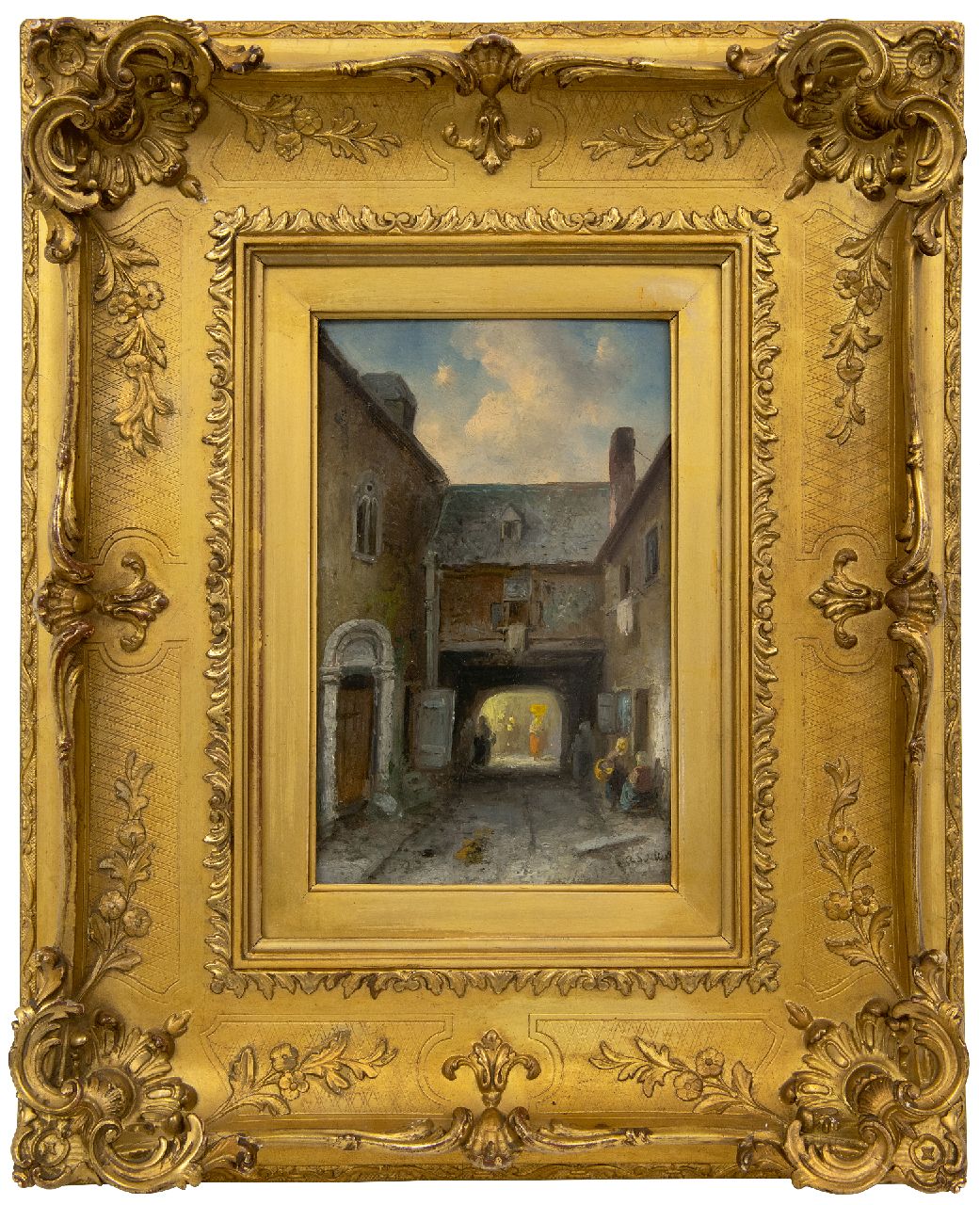 Leickert C.H.J.  | 'Charles' Henri Joseph Leickert | Schilderijen te koop aangeboden | Doorkijkje in een stad, olieverf op paneel 22,7 x 14,6 cm, gesigneerd rechtsonder en te dateren ca. 1900