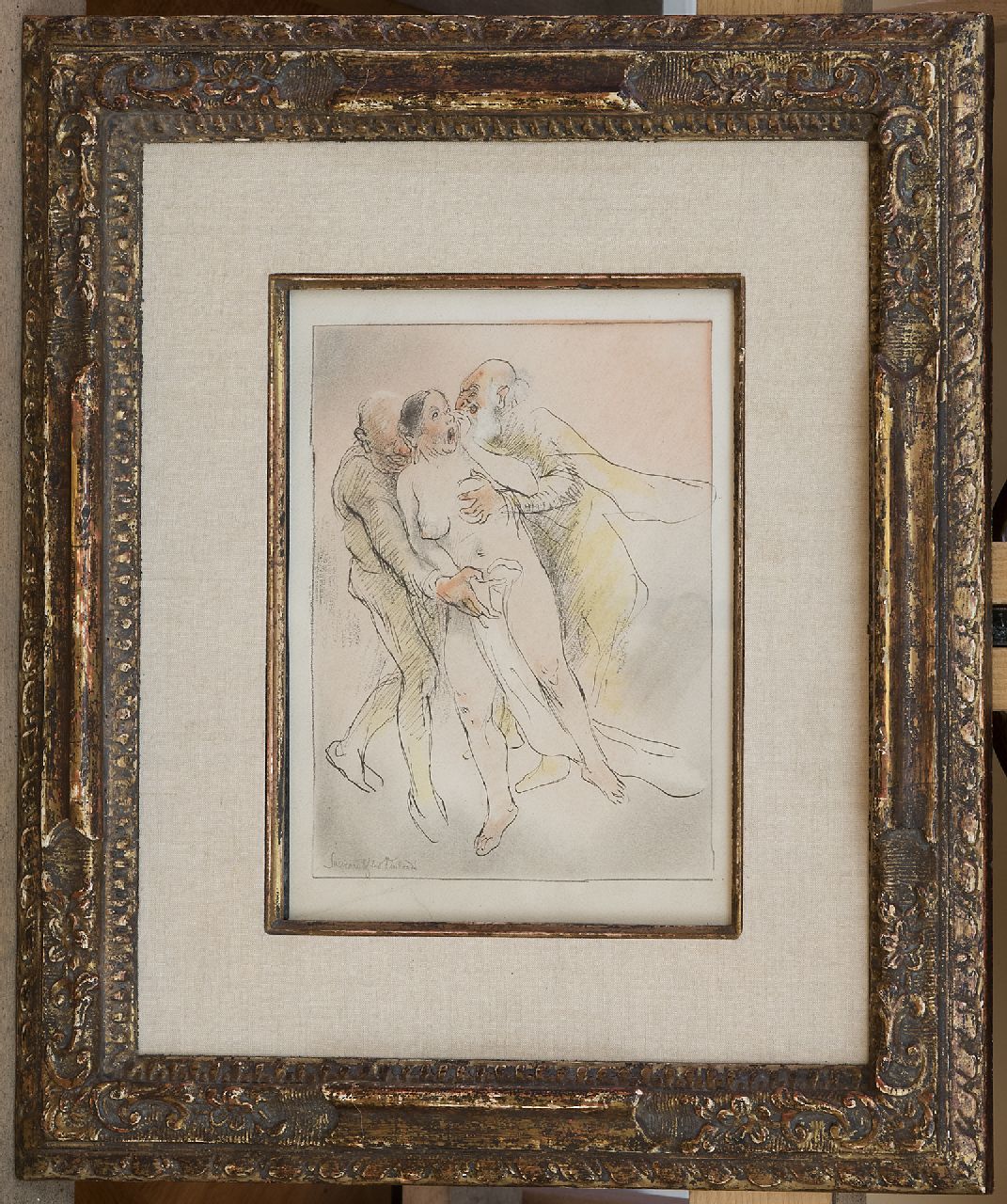 Rassenfosse A.L. | André Louis 'Armand' Rassenfosse | Aquarellen en tekeningen te koop aangeboden | Suzanne & Les Vieillards, potlood, inkt en pastel op papier 19,7 x 15,3 cm Rassenfosse A.L. | André Louis 'Armand' Rassenfosse | Aquarellen en tekeningen te koop aangeboden | Suzanne & Les Vieillards, potlood, inkt en pastel op papier 19,7 x 15,3 cm