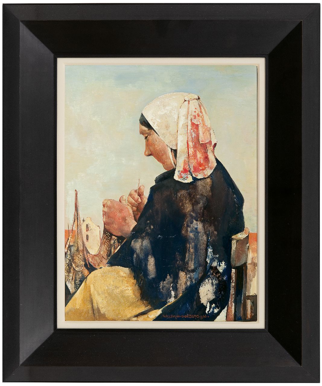 Berg W.H. van den | 'Willem' Hendrik van den Berg | Schilderijen te koop aangeboden | Nettenboetster, Scheveningen, olieverf op schildersboard 39,8 x 29,9 cm, gesigneerd rechts van het midden. en gedateerd 1966