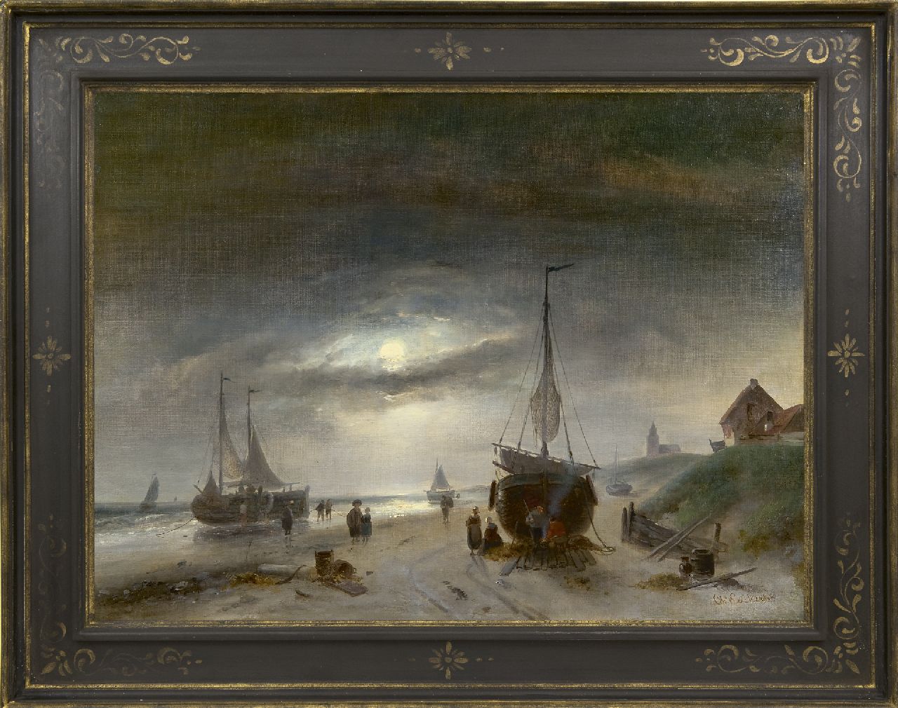 Leickert C.H.J. | 'Charles' Henri Joseph Leickert, Vissers en schepen op het strand van Scheveningen, bij maanlicht, olieverf op doek 48,6 x 65,6 cm, gesigneerd rechtsonder Leickert C.H.J. | 'Charles' Henri Joseph Leickert, Vissers en schepen op het strand van Scheveningen, bij maanlicht, olieverf op doek 48,6 x 65,6 cm, gesigneerd rechtsonder
