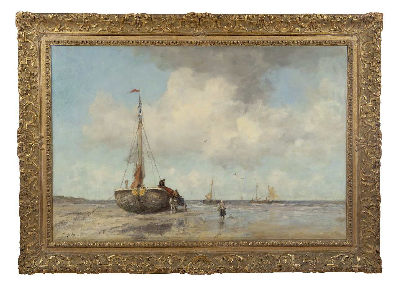Maris J.H. | Jacobus Hendricus 'Jacob' Maris, Bomschuit op het strand van Scheveningen, olieverf op doek 82,5 x 125,0 cm, gesigneerd linksonder en te dateren ca. 1890-1895 Maris J.H. | Jacobus Hendricus 'Jacob' Maris, Bomschuit op het strand van Scheveningen, olieverf op doek 82,5 x 125,0 cm, gesigneerd linksonder en te dateren ca. 1890-1895