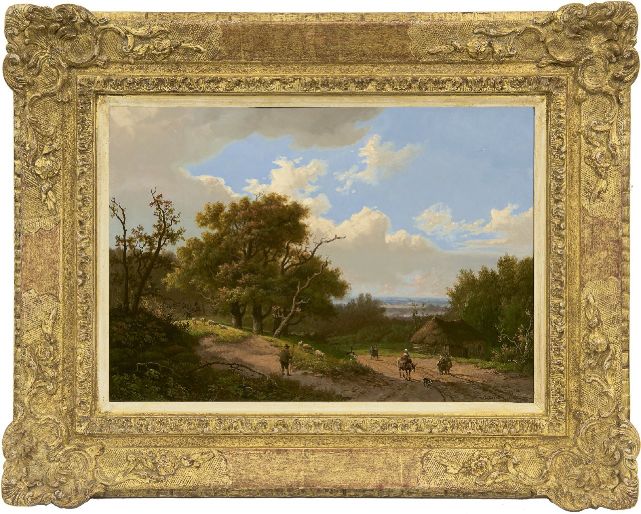 Koekkoek I M.A.  | Marinus Adrianus Koekkoek I, Boslandschap met herder en landvolk, olieverf op paneel 24,5 x 34,9 cm, gesigneerd rechtsonder en gedateerd 1851