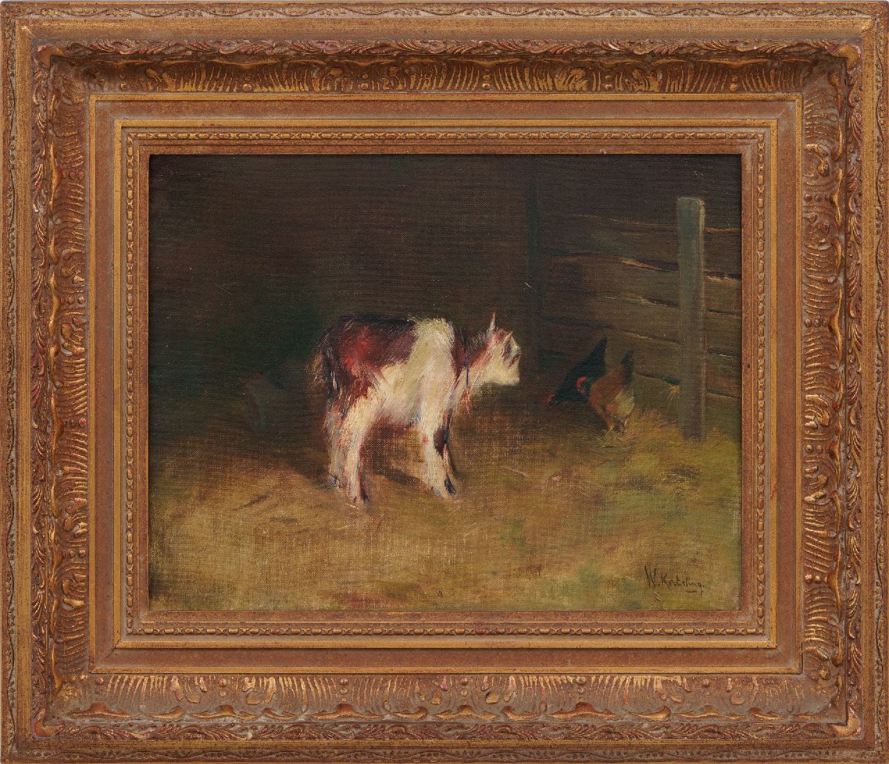 Korteling W.  | Willem Korteling, Geitje met kip, olieverf op doek 31,0 x 40,1 cm, gesigneerd rechtsonder