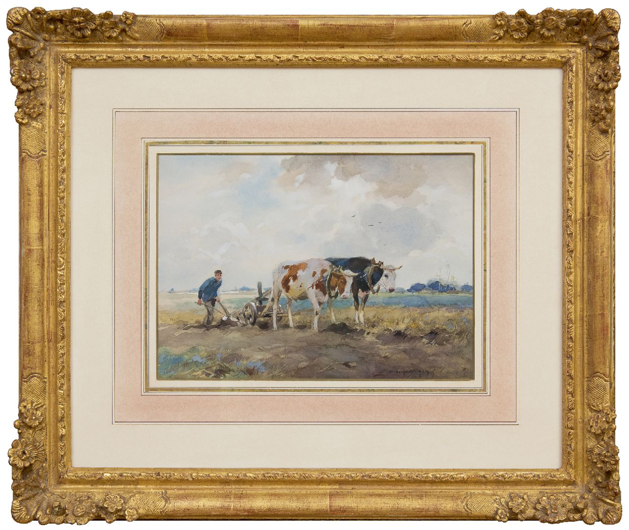 Groenewegen A.J. | Adrianus Johannes Groenewegen | Aquarellen en tekeningen te koop aangeboden | Ploegende boer met ossen, aquarel op papier 19,0 x 26,3 cm, gesigneerd rechtsonder Groenewegen A.J. | Adrianus Johannes Groenewegen | Aquarellen en tekeningen te koop aangeboden | Ploegende boer met ossen, aquarel op papier 19,0 x 26,3 cm, gesigneerd rechtsonder