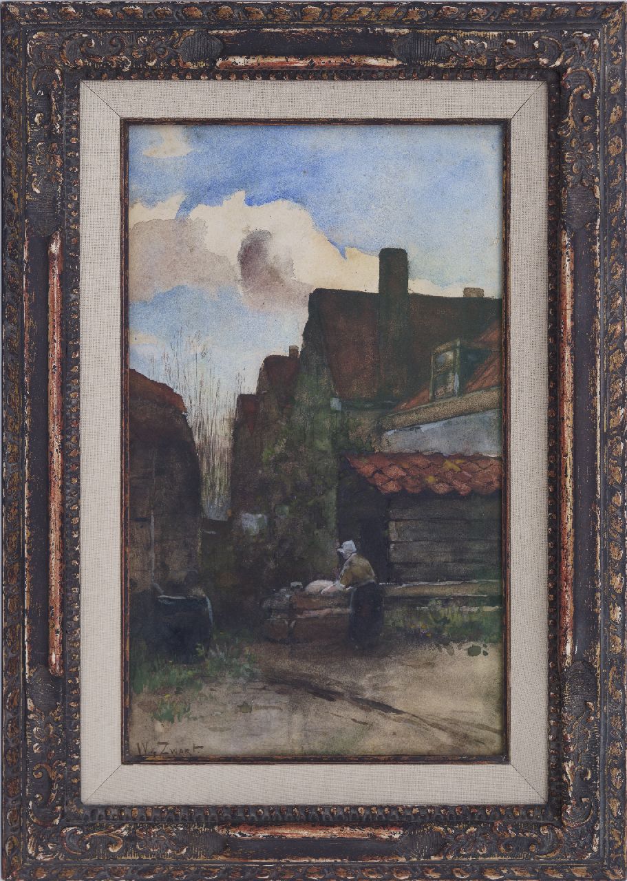 Zwart W.H.P.J. de | Wilhelmus Hendrikus Petrus Johannes 'Willem' de Zwart, Boerin voert het varken, aquarel op papier 36,3 x 21,6 cm, gesigneerd linksonder