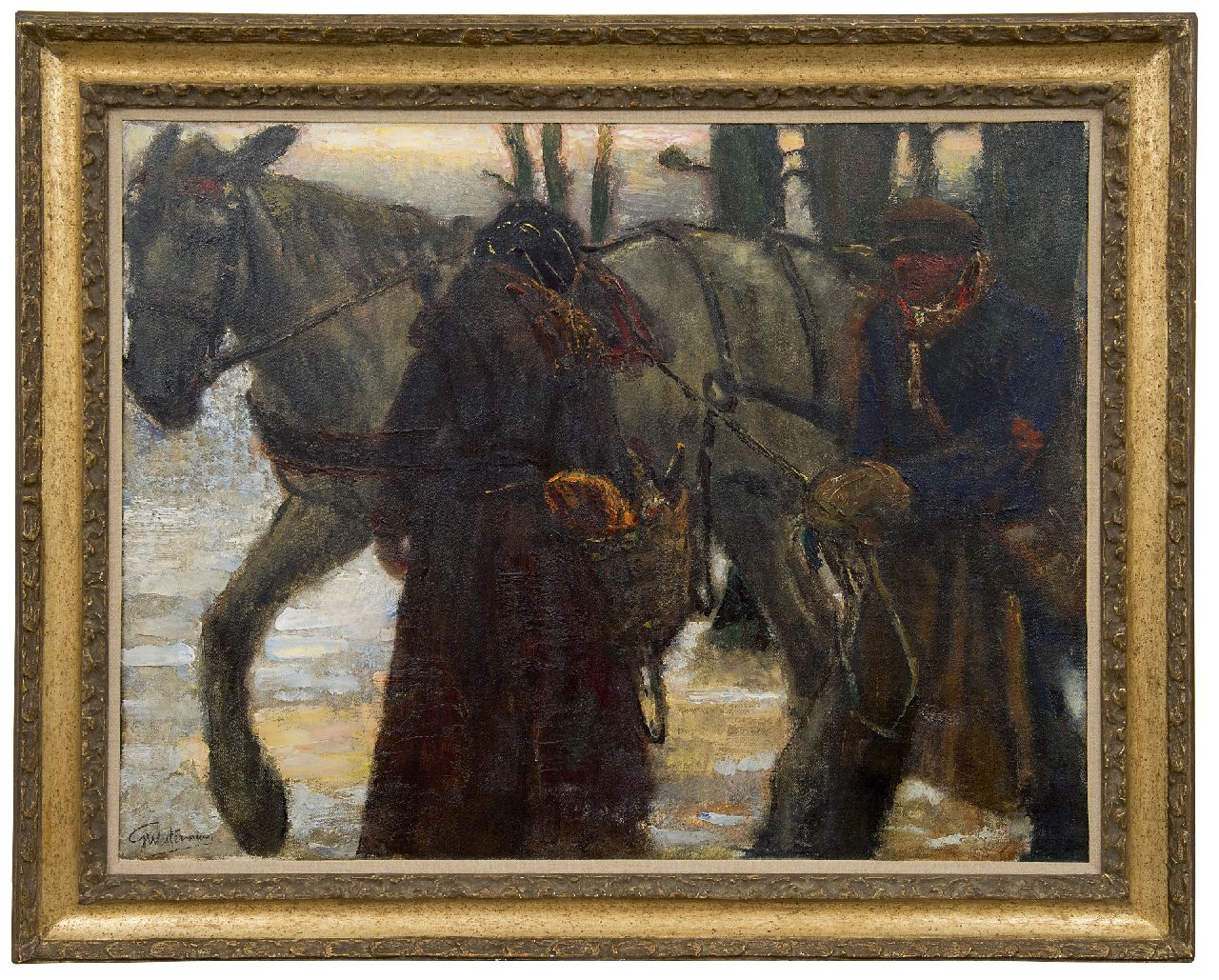 Westermann G.B.J. | Gerhardus Bernardus Josephus 'Gerard' Westermann | Schilderijen te koop aangeboden | Figuren bij een trekpaard, olieverf op doek 77,0 x 100,0 cm, gesigneerd linksonder Westermann G.B.J. | Gerhardus Bernardus Josephus 'Gerard' Westermann | Schilderijen te koop aangeboden | Figuren bij een trekpaard, olieverf op doek 77,0 x 100,0 cm, gesigneerd linksonder