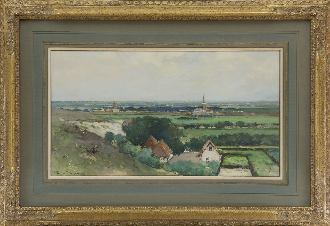 Weissenbruch W.J. | 'Willem' Johannes Weissenbruch | Aquarellen en tekeningen te koop aangeboden | Gezicht op een dorpje vanaf het duin, aquarel op papier 29,7 x 53,7 cm, gesigneerd linksonder Weissenbruch W.J. | 'Willem' Johannes Weissenbruch | Aquarellen en tekeningen te koop aangeboden | Gezicht op een dorpje vanaf het duin, aquarel op papier 29,7 x 53,7 cm, gesigneerd linksonder