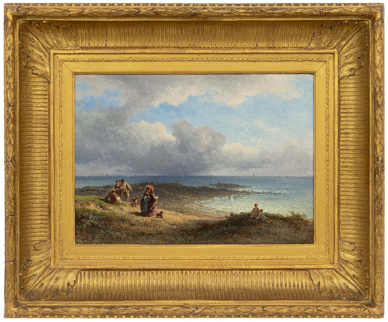Hilverdink J. | Johannes Hilverdink | Schilderijen te koop aangeboden | Elegante wandelaars aan de Franse kust, olieverf op paneel 23,6 x 34,2 cm, gesigneerd linksonder en gedateerd 1873 Hilverdink J. | Johannes Hilverdink | Schilderijen te koop aangeboden | Elegante wandelaars aan de Franse kust, olieverf op paneel 23,6 x 34,2 cm, gesigneerd linksonder en gedateerd 1873