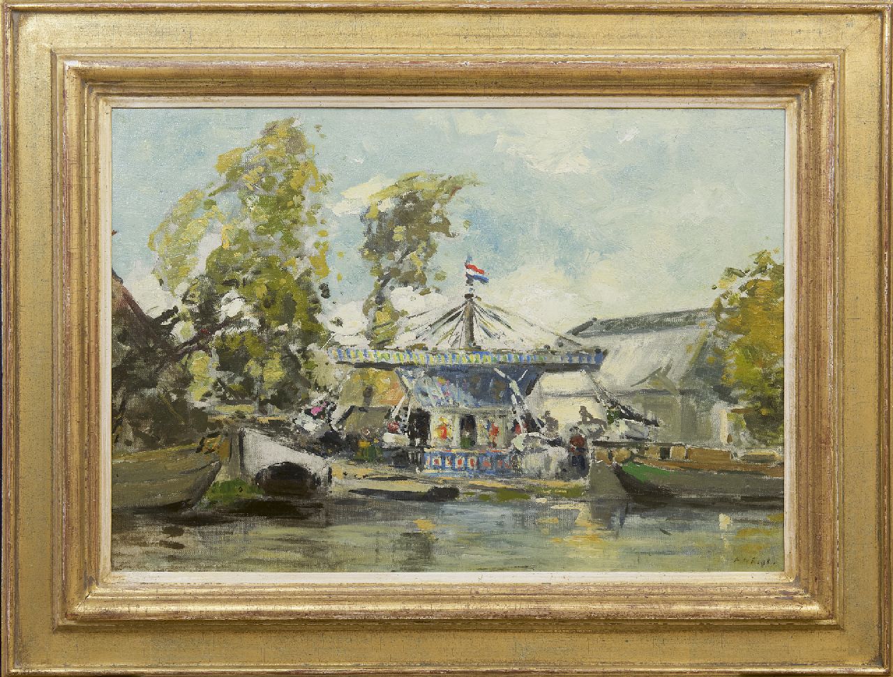 Regt P. de | Pieter 'Piet' de Regt, Zweefmolen aan de waterkant, olieverf op doek op paneel 39,8 x 56,7 cm, gesigneerd rechtsonder en verso Regt P. de | Pieter 'Piet' de Regt, Zweefmolen aan de waterkant, olieverf op doek op paneel 39,8 x 56,7 cm, gesigneerd rechtsonder en verso