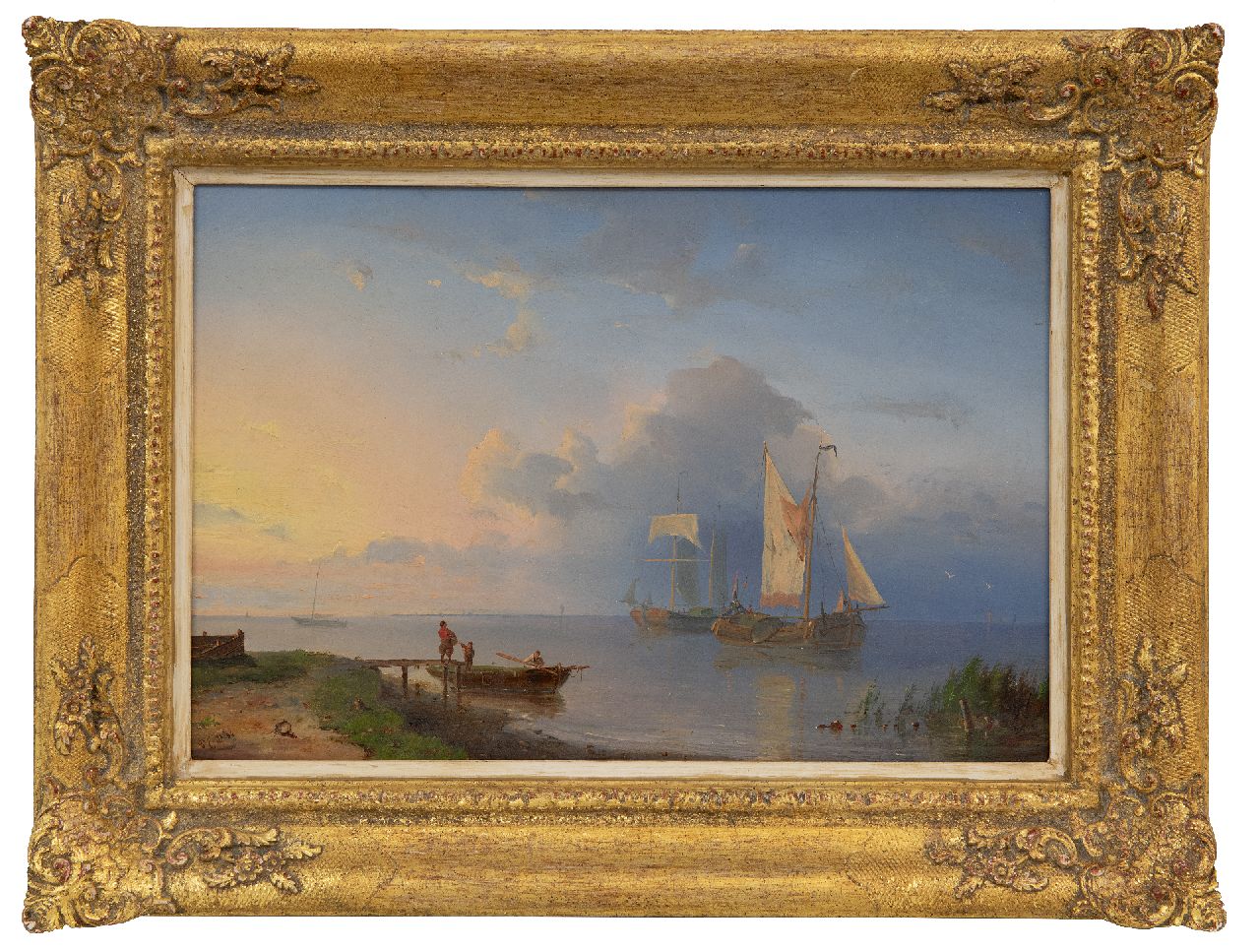 Dommershuijzen P.C.  | Pieter Cornelis Dommershuijzen | Schilderijen te koop aangeboden | Rivierlandschap met zeilschepen bij opkomende zon, olieverf op paneel 22,0 x 32,6 cm, gesigneerd linksonder met initialen en gedateerd '54, zonder lijst